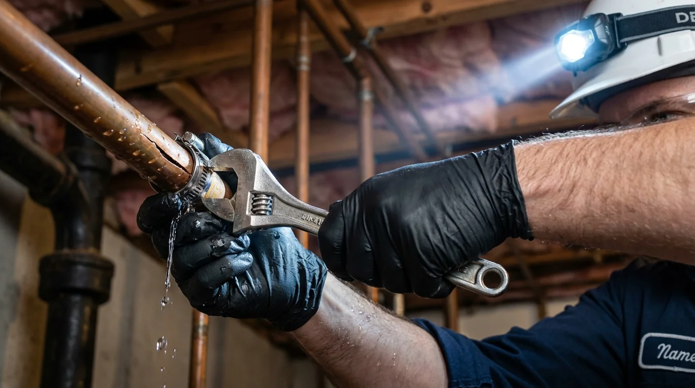 Emergency pipe clamp repair being performed by a Johns Plumbing LLC plumber in Baraga