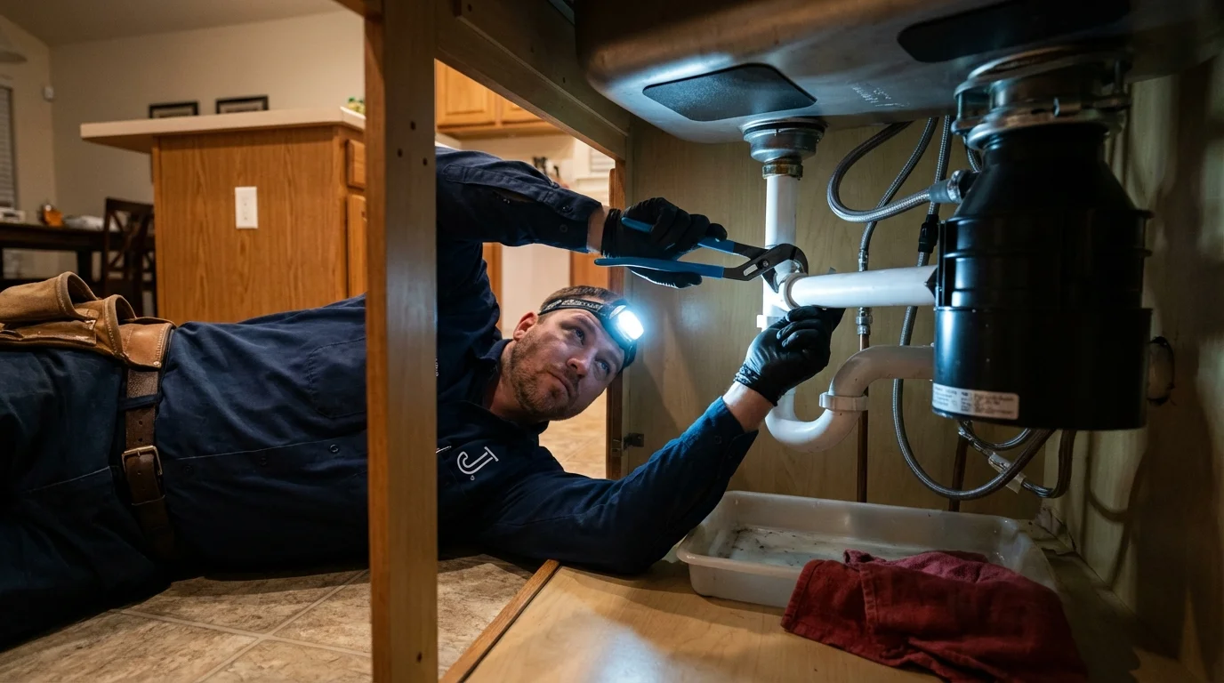 P-trap and supply line connections under a kitchen sink showing a common leak point in Baraga, MI